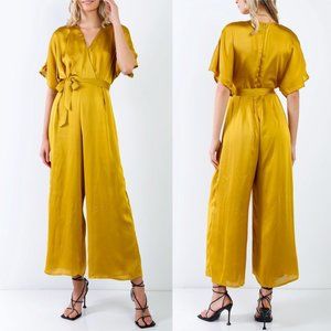 Yellow Dolman Sleeve V-Neck Satin Jumpsuit